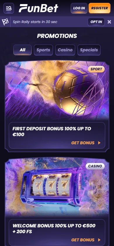 Funbet Casino mobile promotions area with welcome, reload, cashback and tournament offers