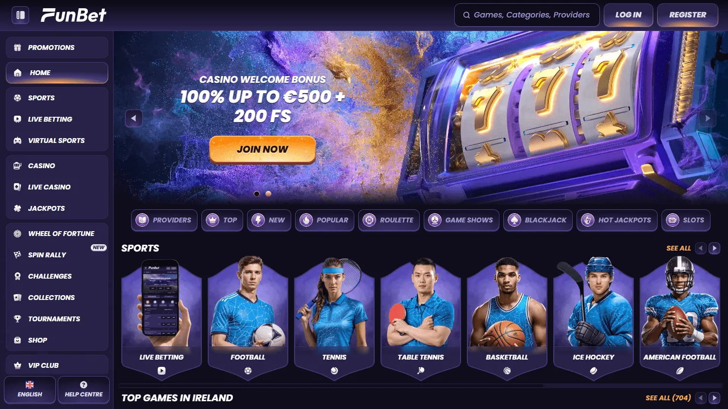 Funbet Casino desktop home screen with casino offers, games and account features