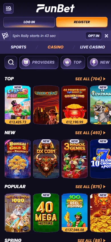 Funbet Casino mobile games area with pokies, live dealer and instant games