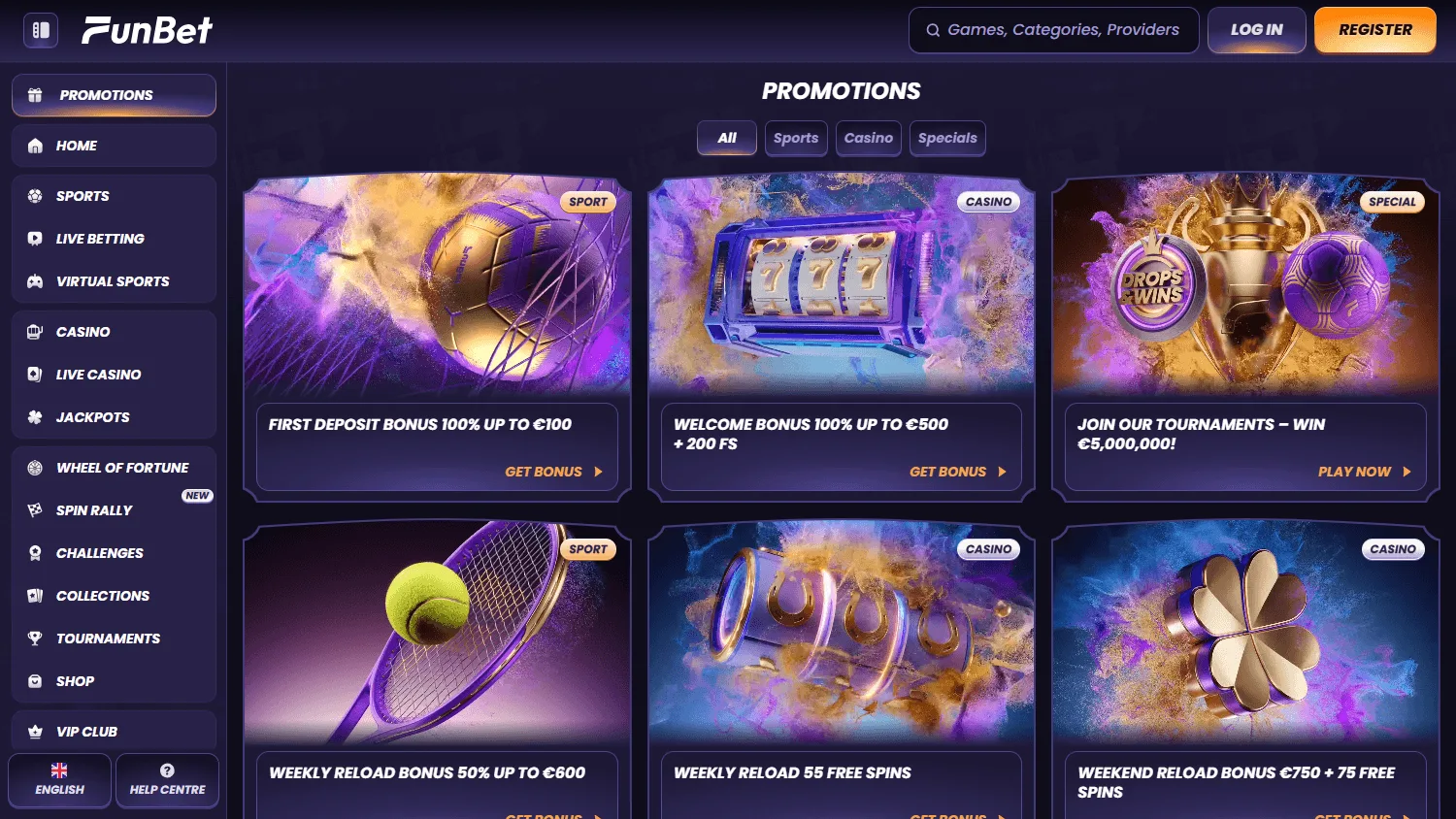 Funbet Casino desktop promotions area with welcome, reload, cashback and tournament offers