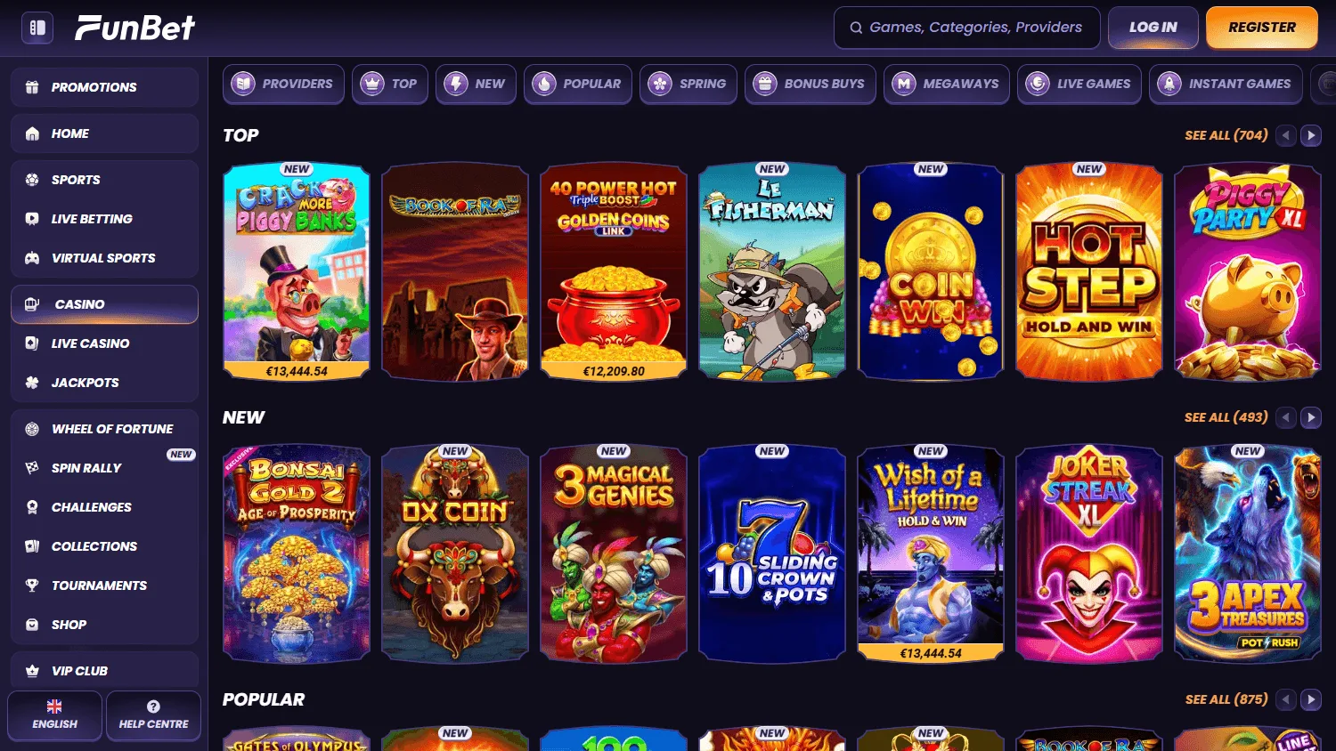 Funbet Casino desktop games area with pokies, live dealer and instant game categories