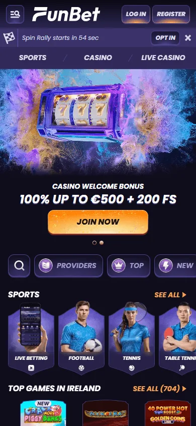 Funbet Casino mobile browser home screen with casino offers and game access